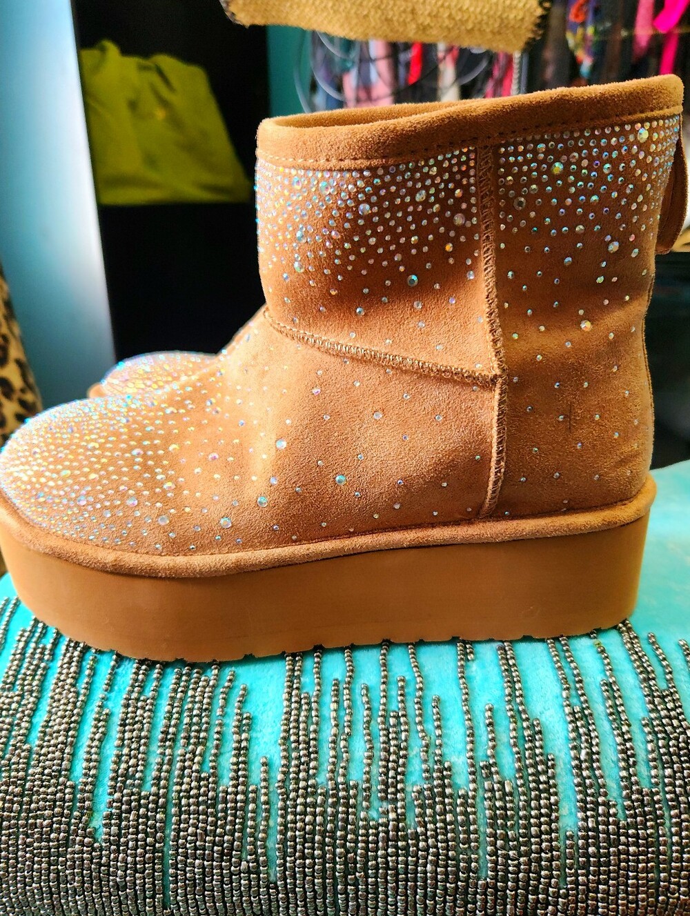 Madden Girl Rhinestone Suede Platform Booties - Tan 7 1/2